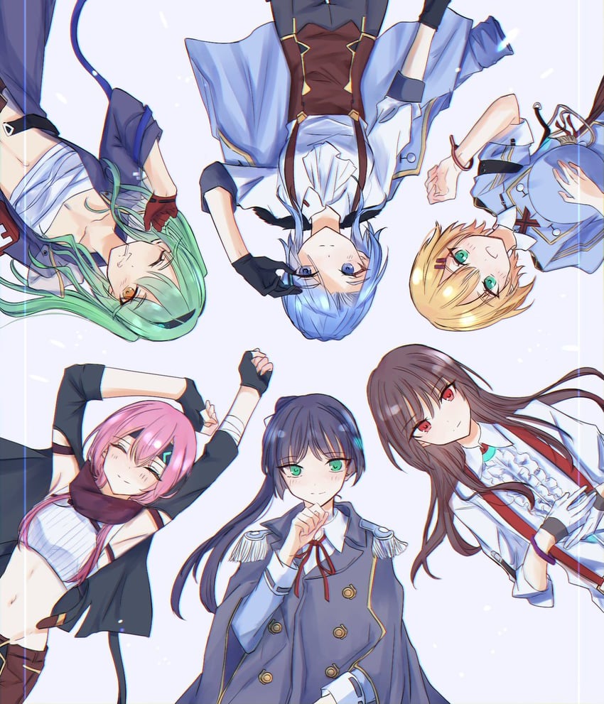 natsume inori, yanagi mion, hanamura shiki, maruyama kanata, matsuoka chiroru, and 1 more (heaven burns red) drawn by hiramatu_31