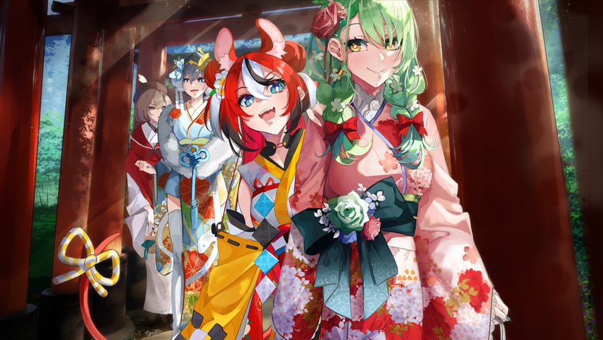 ouro kronii, nanashi mumei, hakos baelz, and ceres fauna (hololive and 1 more) drawn by moyomo
