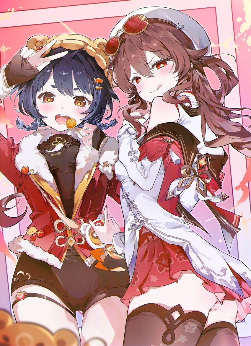 xiangling, guoba, and hu tao (genshin impact) drawn by 0202ase