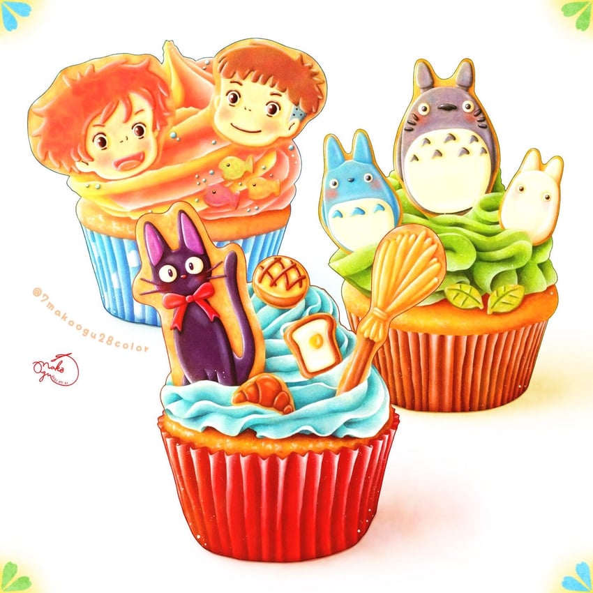 jiji, totoro, ponyo, chibi totoro, chuu totoro, and 1 more (studio ghibli and 3 more) drawn by 7makoogu28color