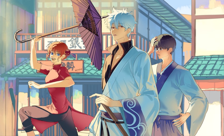 sakata gintoki, kagura, and shimura shinpachi (gintama) drawn by ryepe