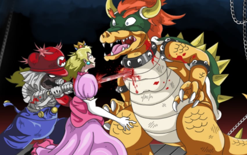 princess peach, mario, bowser, and shishio makoto (mario and 1 more) drawn by mojapene