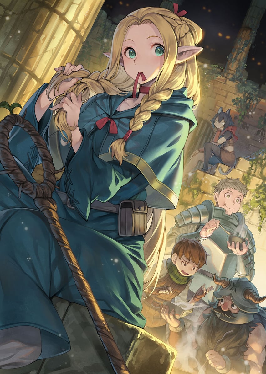 marcille donato, laios touden, senshi, chilchuck tims, and izutsumi (dungeon meshi) drawn by hagure_keg
