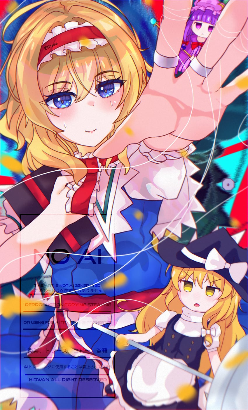 kirisame marisa, alice margatroid, and patchouli knowledge (touhou) drawn by hirwannew