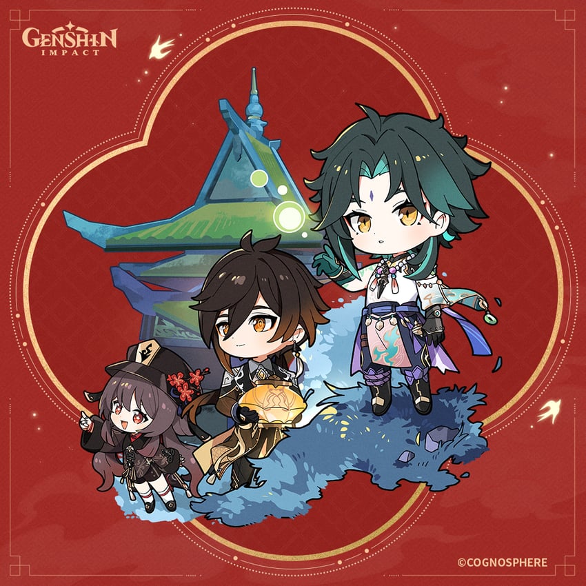 hu tao, zhongli, and xiao (genshin impact)