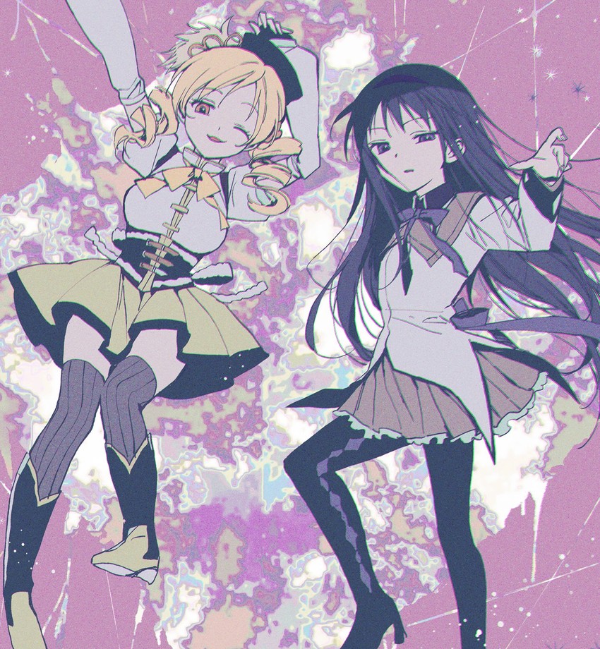 akemi homura and tomoe mami (mahou shoujo madoka magica) drawn by azuki_(aduki)