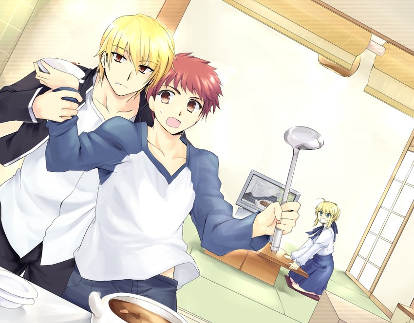 artoria pendragon, saber, gilgamesh, and emiya shirou (fate and 1 more) drawn by kanon_(kn)