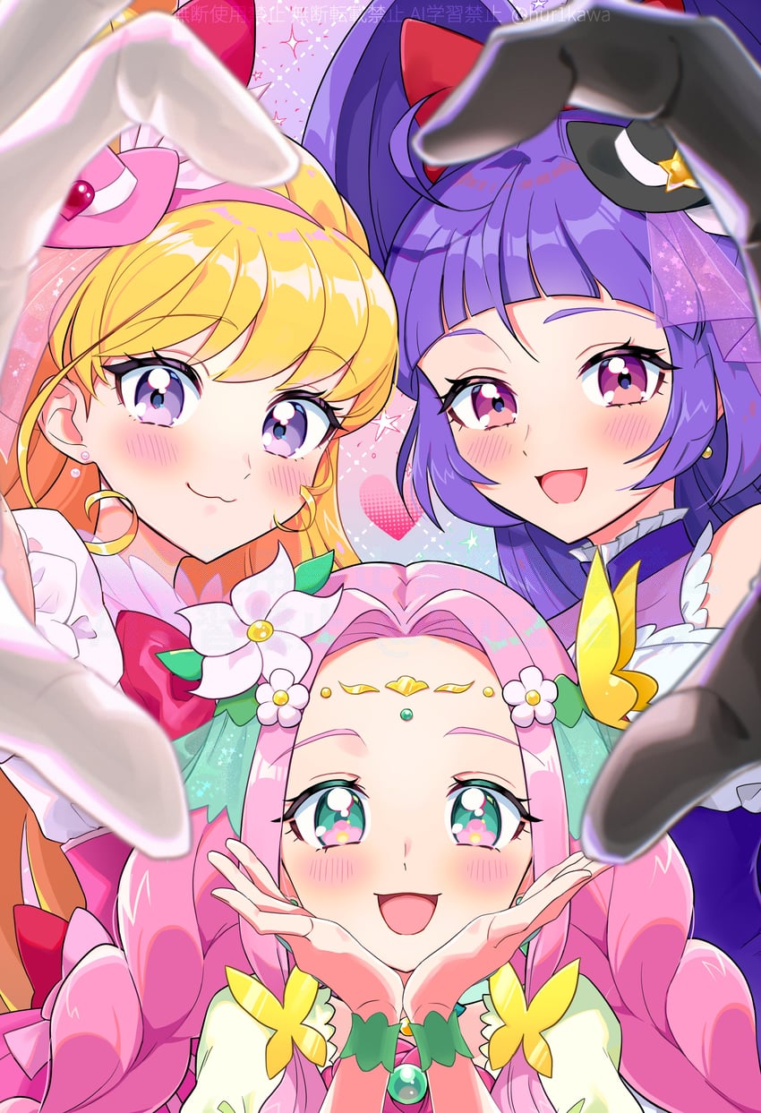 asahina mirai, izayoi liko, cure miracle, cure magical, hanami kotoha, and 1 more (precure and 1 more) drawn by furikawa_yukino