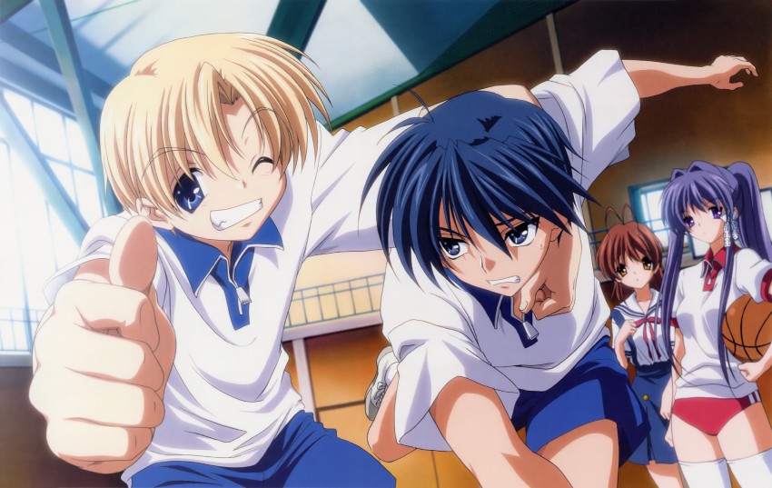 furukawa nagisa, fujibayashi kyou, okazaki tomoya, and sunohara youhei (clannad) drawn by ikeda_kazumi