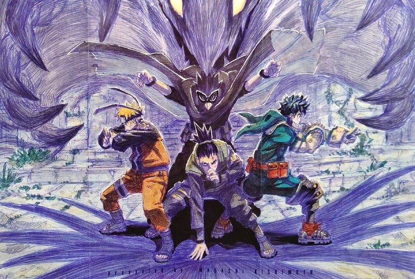 midoriya izuku, uzumaki naruto, nara shikamaru, tokoyami fumikage, and dark shadow (boku no hero academia and 2 more) drawn by kishimoto_masashi