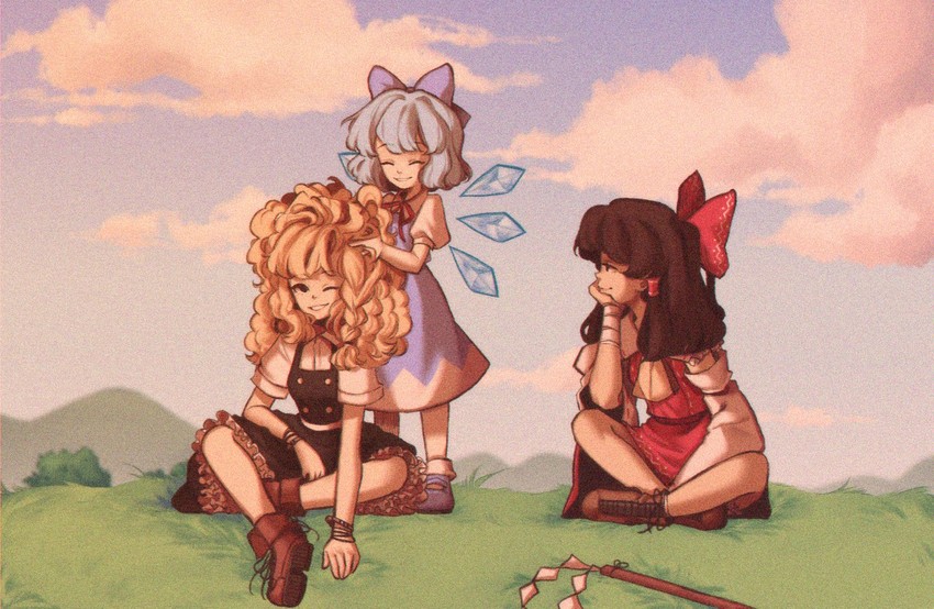 hakurei reimu, kirisame marisa, and cirno (touhou) drawn by pixie_(milkywaypixies)