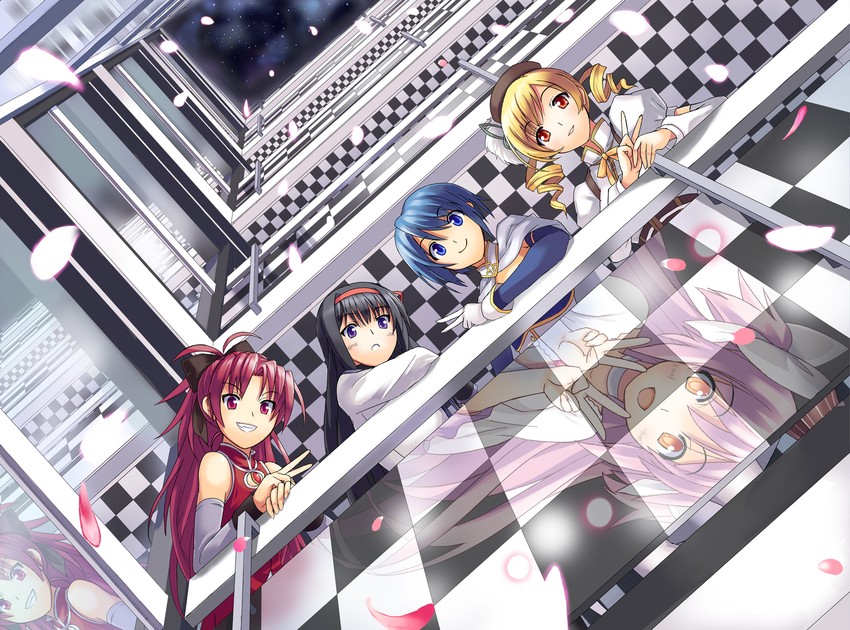 akemi homura, kaname madoka, miki sayaka, sakura kyoko, tomoe mami, and 1 more (mahou shoujo madoka magica and 2 more) drawn by minazuki_(karashikazoku)