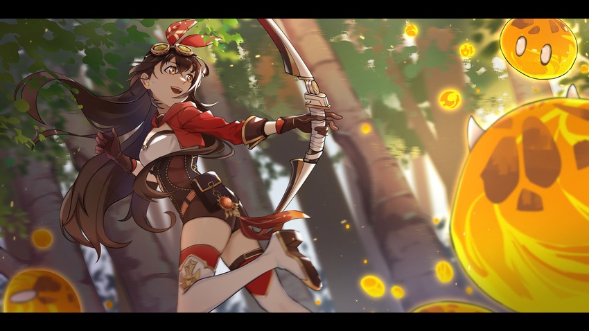 amber, slime, and pyro slime (genshin impact) drawn by chen_clear