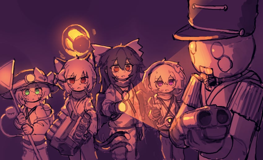 komeiji koishi, komeiji satori, kaenbyou rin, reiuji utsuho, worker, and 1 more (touhou and 1 more) drawn by rampa93