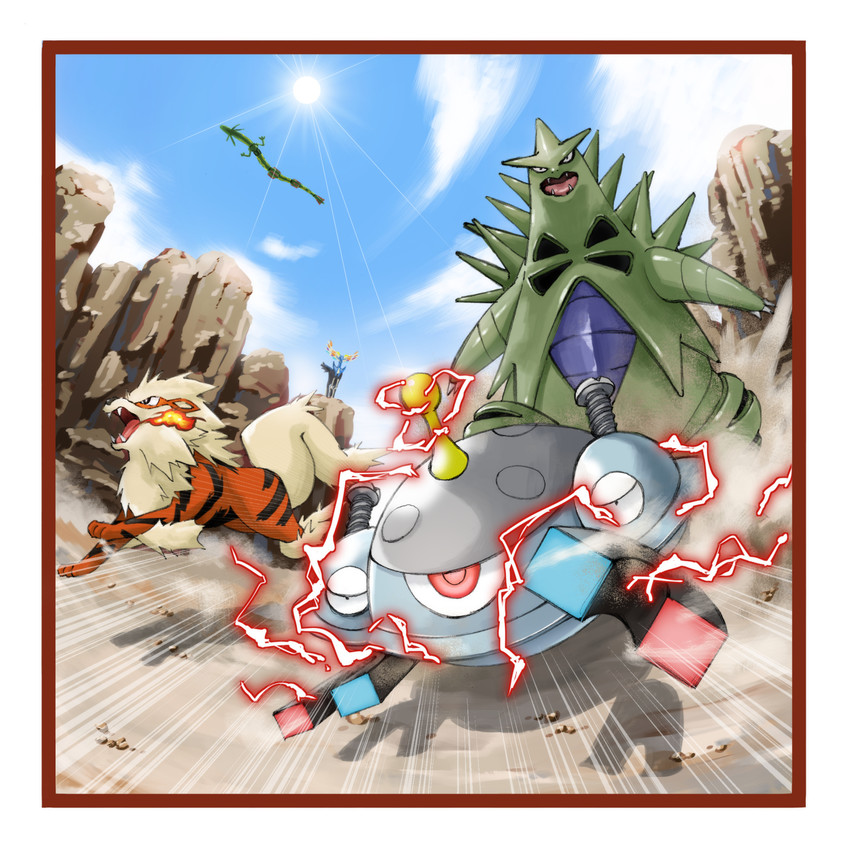 arcanine, rayquaza, tyranitar, xerneas, and magnezone (pokemon) drawn by kaoru_(hotmilk-myy)