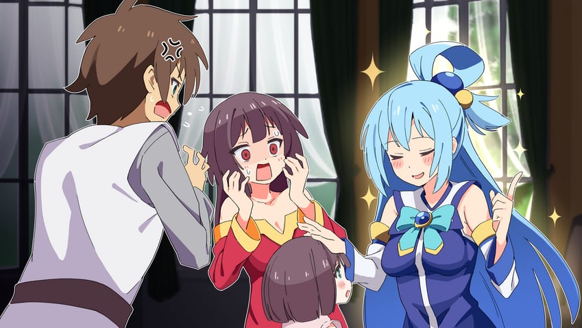 megumin, aqua, and satou kazuma (kono subarashii sekai ni shukufuku wo!) drawn by noyama_takenoko