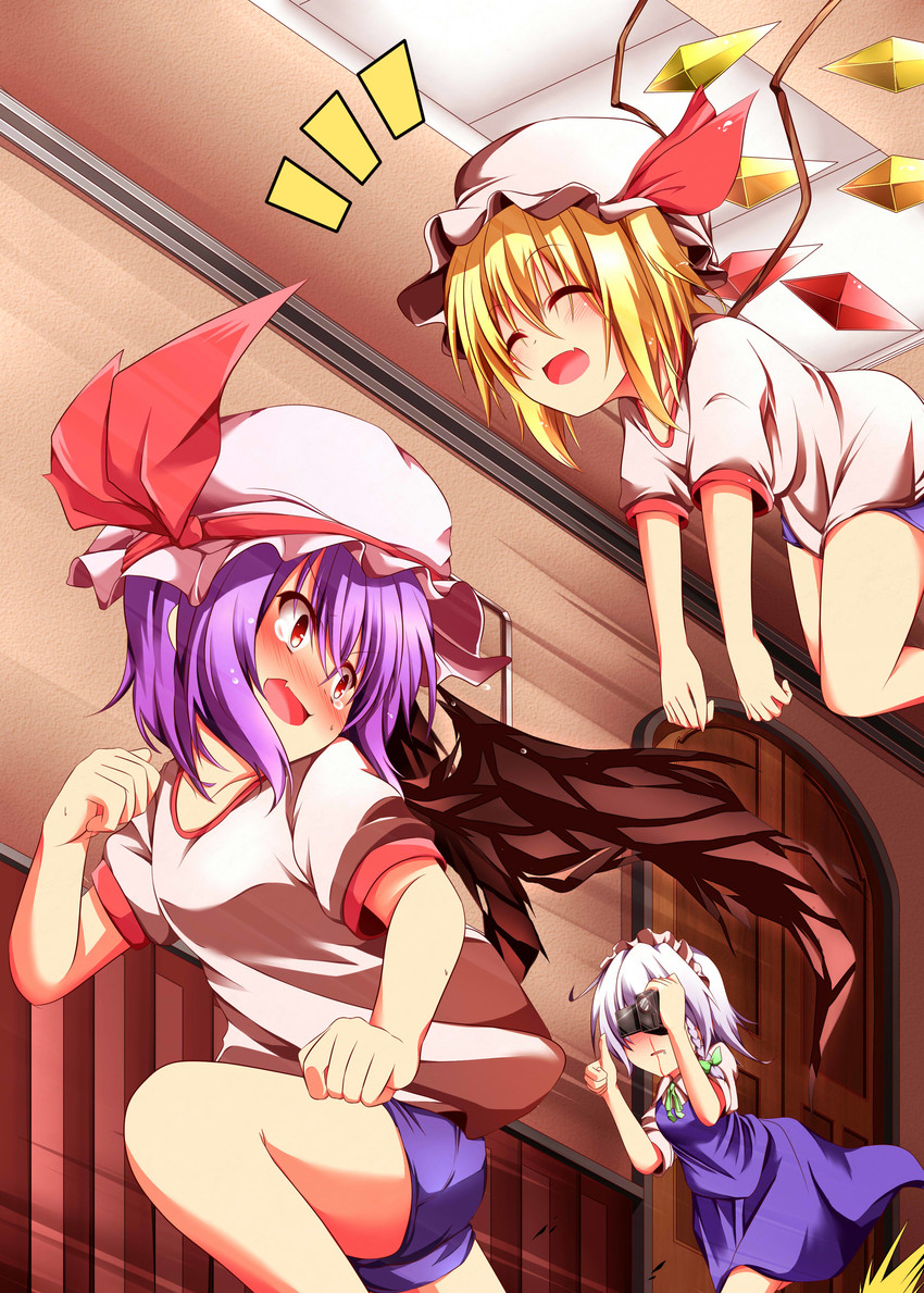 remilia scarlet, flandre scarlet, and izayoi sakuya (touhou) drawn by wakagi_repa