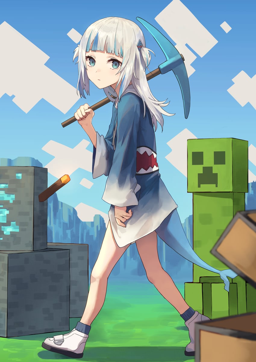 gawr gura and creeper (hololive and 2 more) drawn by tesin_(7aehyun)