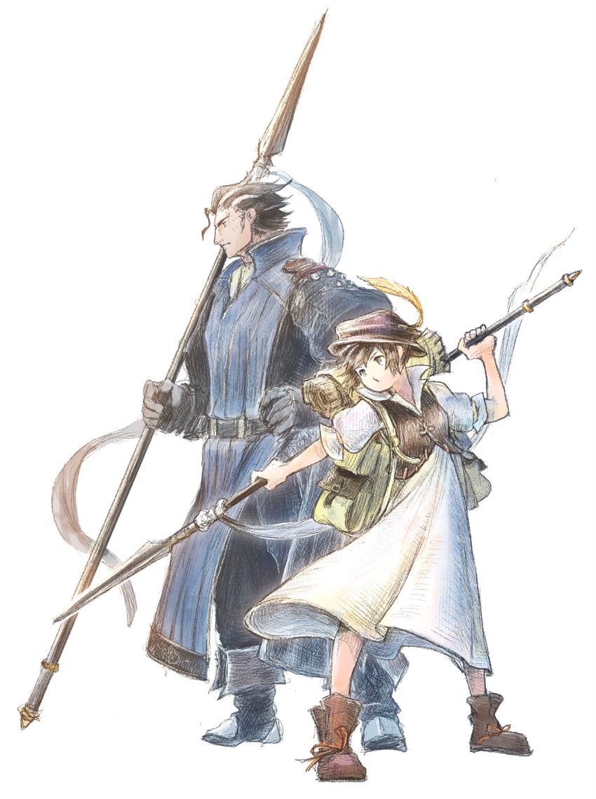 tressa colzione and olberic eisenberg (octopath traveler and 1 more) drawn by qqqqqli