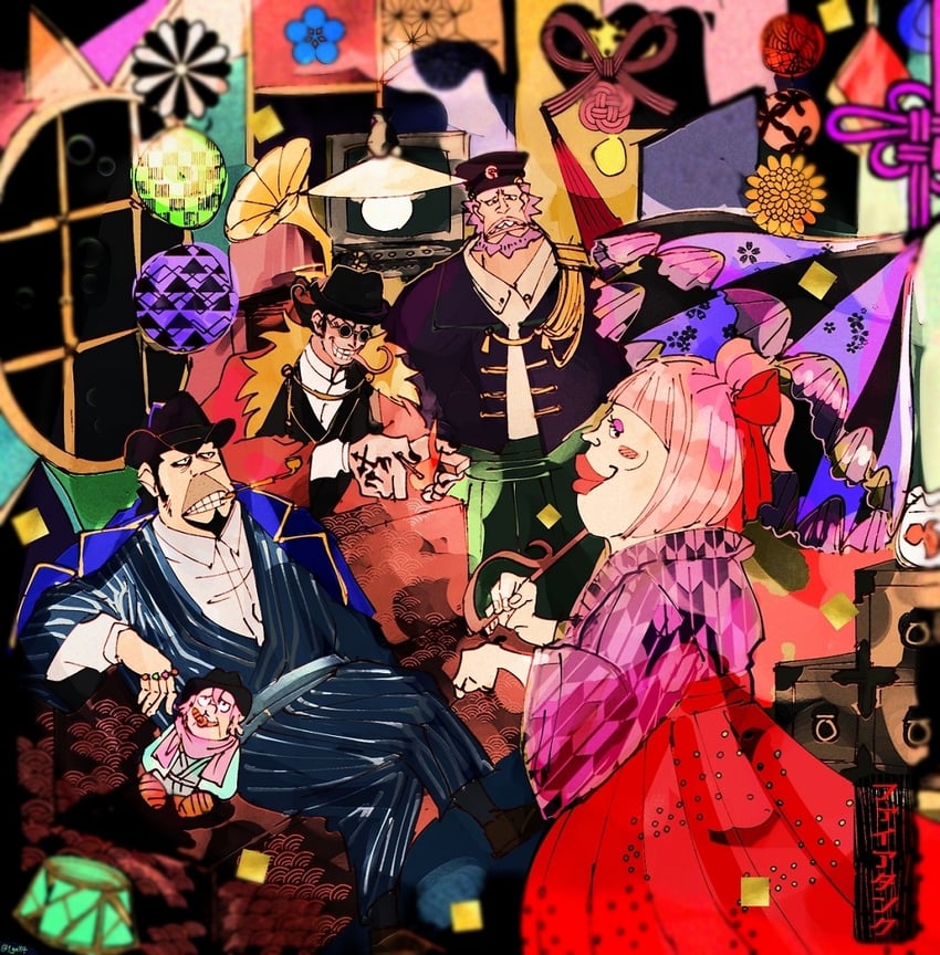 capone gang bege, charlotte chiffon, capone pez, vito, and gotti (one piece) drawn by harakara12
