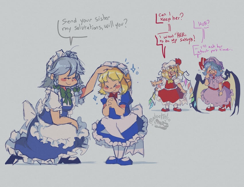 remilia scarlet, flandre scarlet, izayoi sakuya, and mugetsu (touhou) drawn by noctiilio