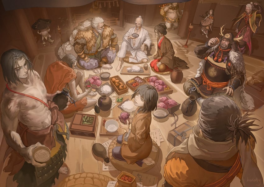 sekiro, kuro the divine heir, emma the gentle blade, ashina genichirou, divine child of rejuvenation, and 4 more (sekiro: shadows die twice) drawn by kwiaty_k