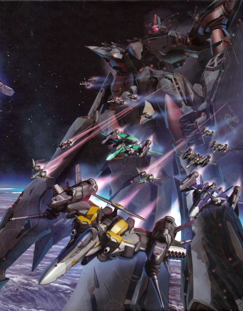vf-25, battle frontier, vf-25g, rvf-25, vf-25f, and 1 more (macross and 1 more) drawn by tenjin_hidetaka