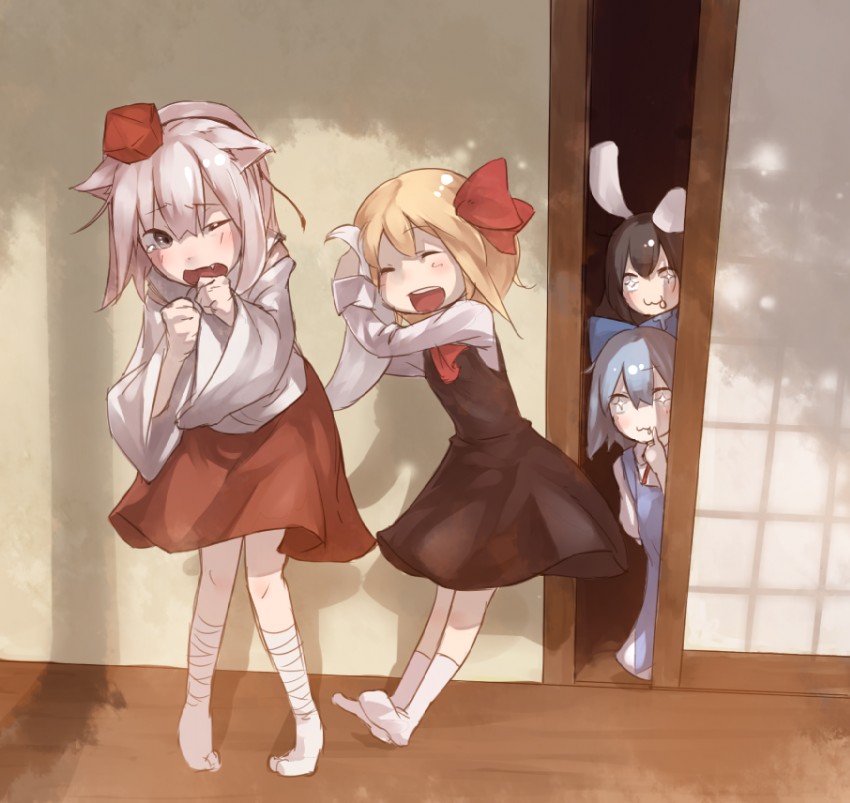 cirno, inubashiri momiji, rumia, and inaba tewi (touhou) drawn by junwool