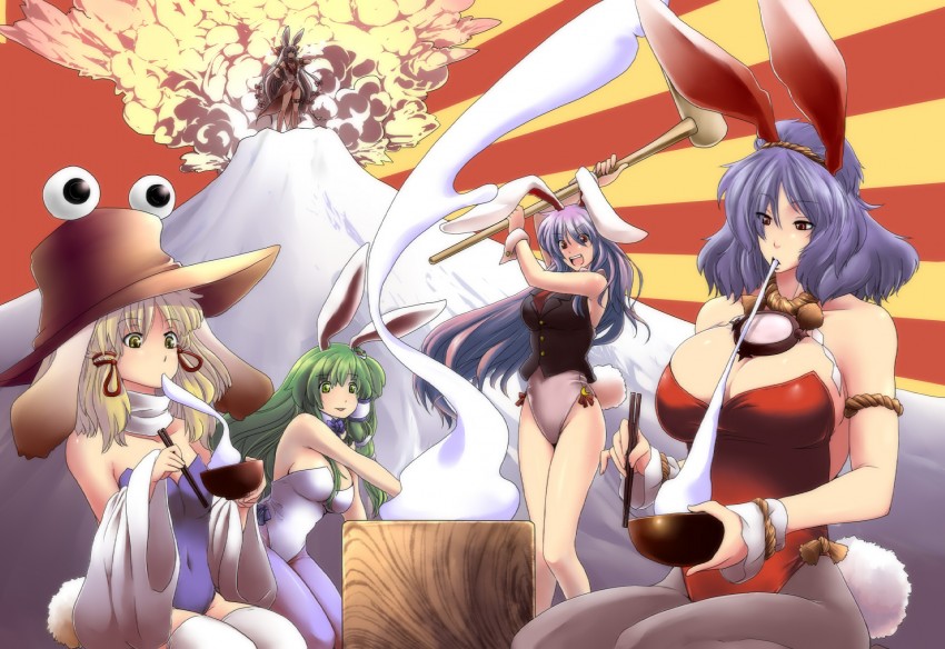 kochiya sanae, reisen udongein inaba, fujiwara no mokou, moriya suwako, and yasaka kanako (touhou) drawn by tobisawa