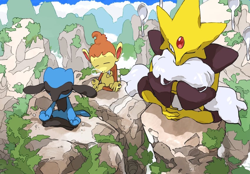 riolu, chimchar, alakazam, and mega alakazam (pokemon) drawn by aomon_(yuuji7604)