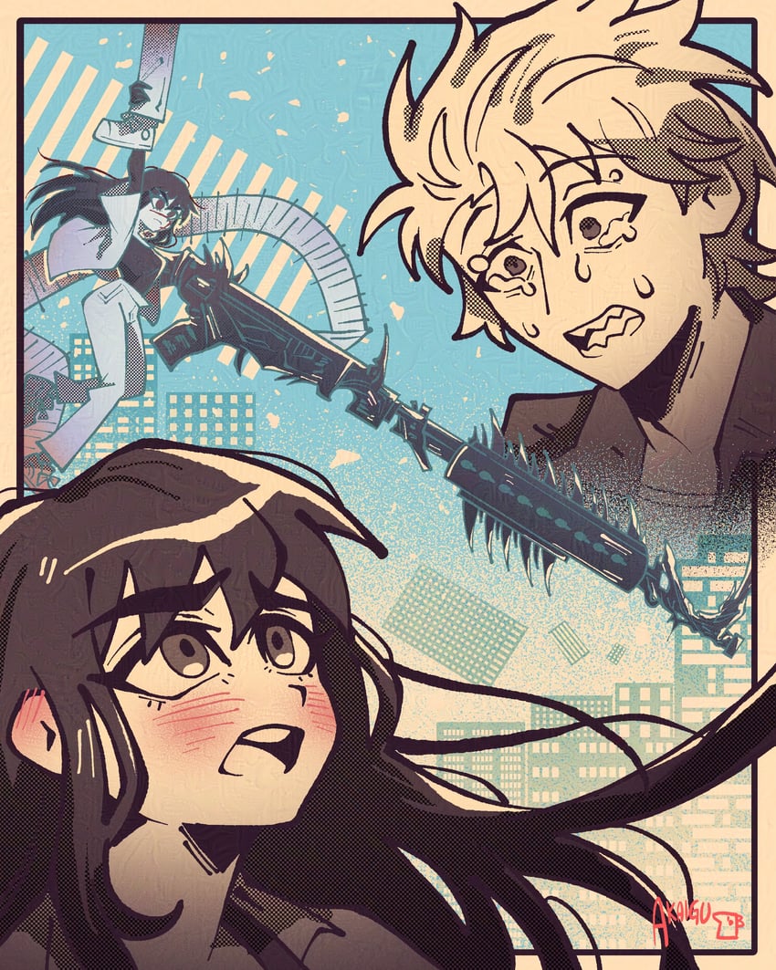 denji, yoru, and mitaka asa (chainsaw man) drawn by akaiguarts