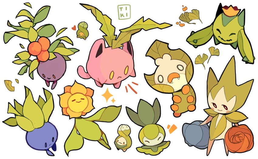 oddish, hoppip, budew, petilil, roselia, and 3 more (pokemon) drawn by tiki_(tikivt)