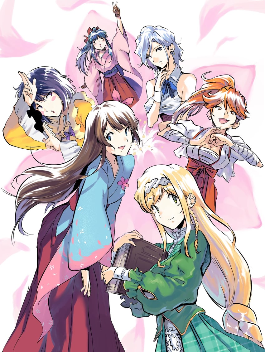 shinguuji sakura, amamiya sakura, shinonome hatsuho, clarissa snowflake, mochizuki azami, and 1 more (sakura taisen and 1 more) drawn by midnamana