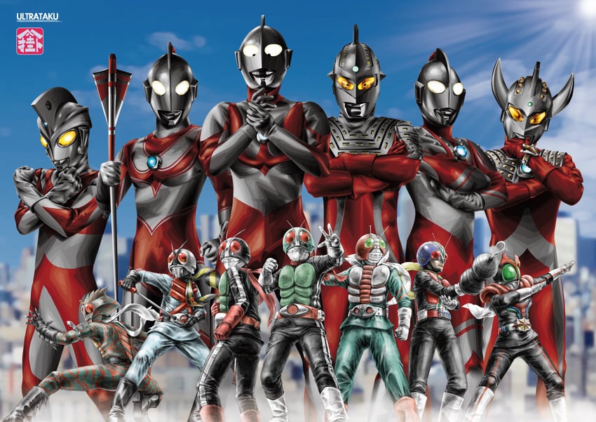 kamen rider 1, ultraman, kamen rider 2, ultraseven, kamen rider amazon, and 8 more (kamen rider and 10 more) drawn by ultrataku and yamakake_(tororo1293)
