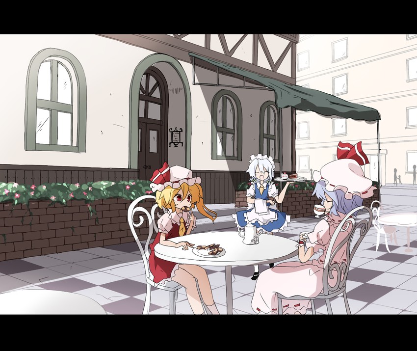 remilia scarlet, flandre scarlet, and izayoi sakuya (touhou) drawn by kuromari_(runia)