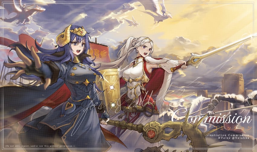 lucina and edelgard von hresvelg (fire emblem and 4 more) drawn by velahka