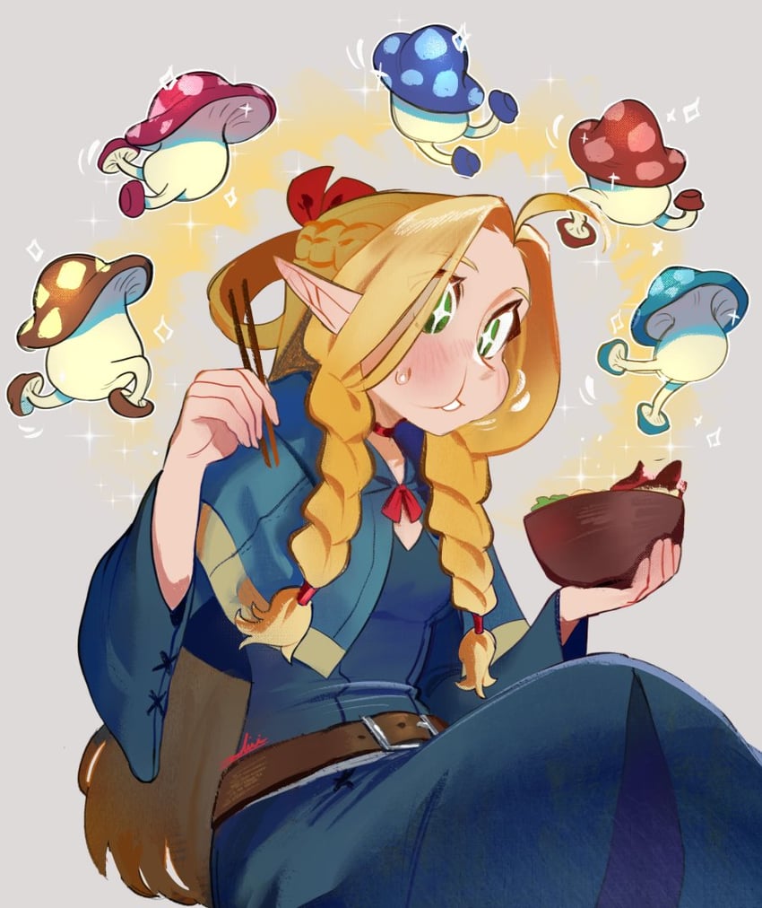 marcille donato and walking mushroom (dungeon meshi) drawn by zambiie
