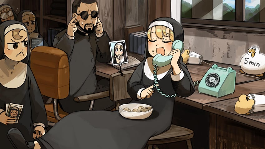 clumsy nun, froggy nun, spicy nun, glasses nun, father, and 2 more (little nuns) drawn by diva_(hyxpk)