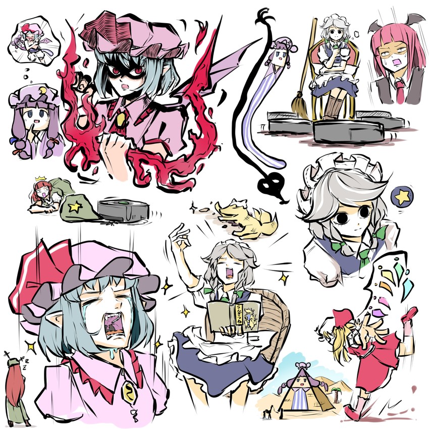 remilia scarlet, flandre scarlet, izayoi sakuya, patchouli knowledge, hong meiling, and 1 more (touhou and 1 more) drawn by peroponesosu.