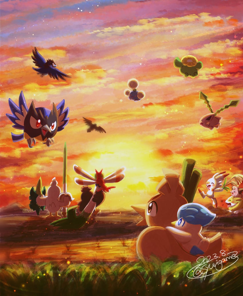 scorbunny, yamper, quaxly, hoppip, sirfetch'd, and 9 more (pokemon) drawn by shuri_(syurigame)