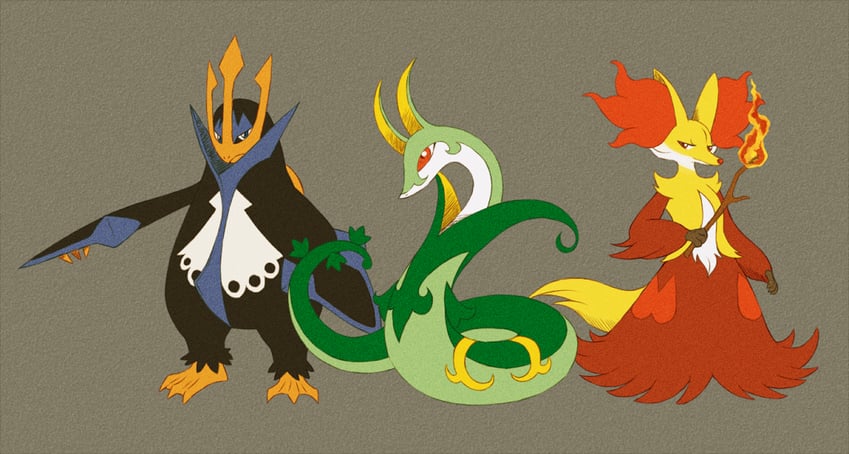 serperior, delphox, and empoleon (pokemon) drawn by ono_sasazaki