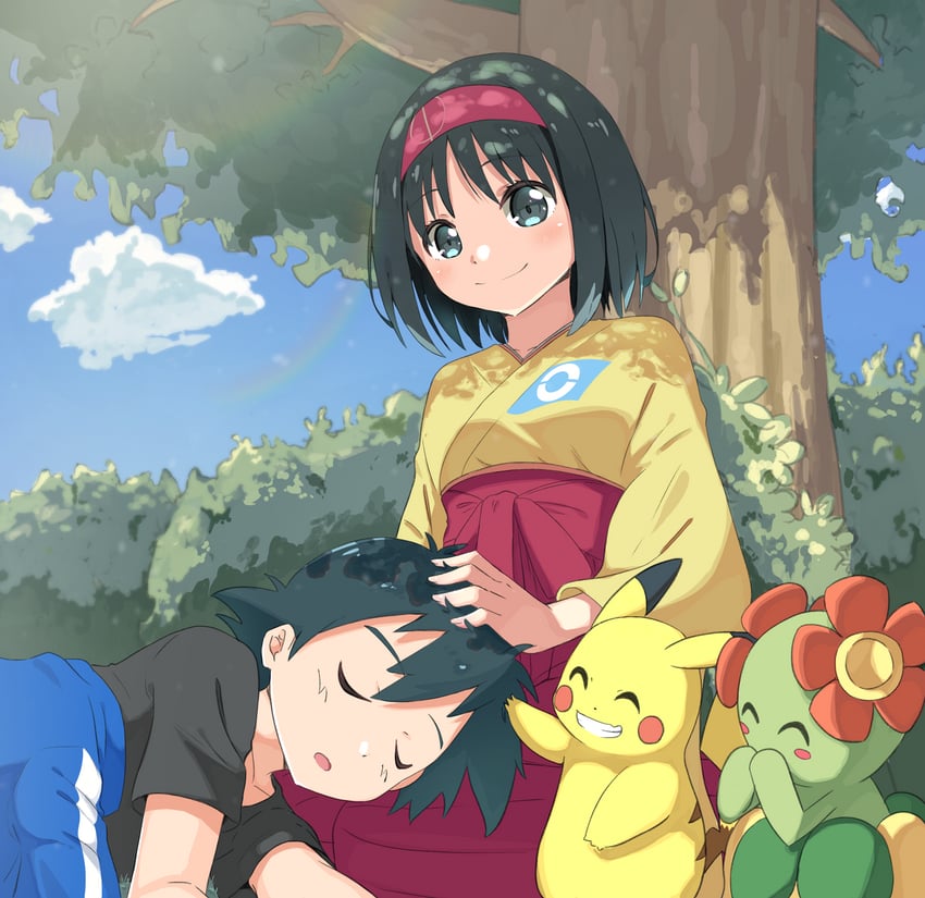 pikachu, ash ketchum, erika, and bellossom (pokemon and 2 more) drawn by negimiso1989