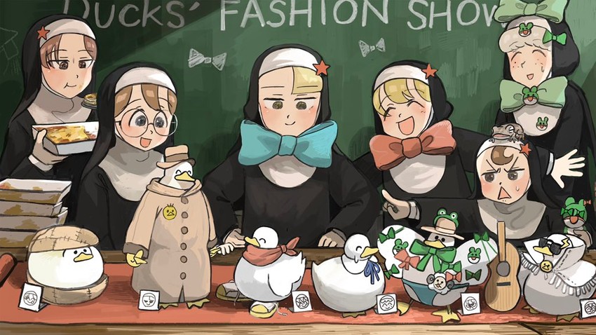 clumsy nun, froggy nun, spicy nun, sheep nun, glasses nun, and 1 more (little nuns) drawn by diva_(hyxpk)