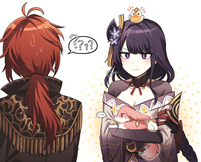 raiden shogun, yae miko, and diluc (genshin impact) drawn by lix_(iroiro3843)