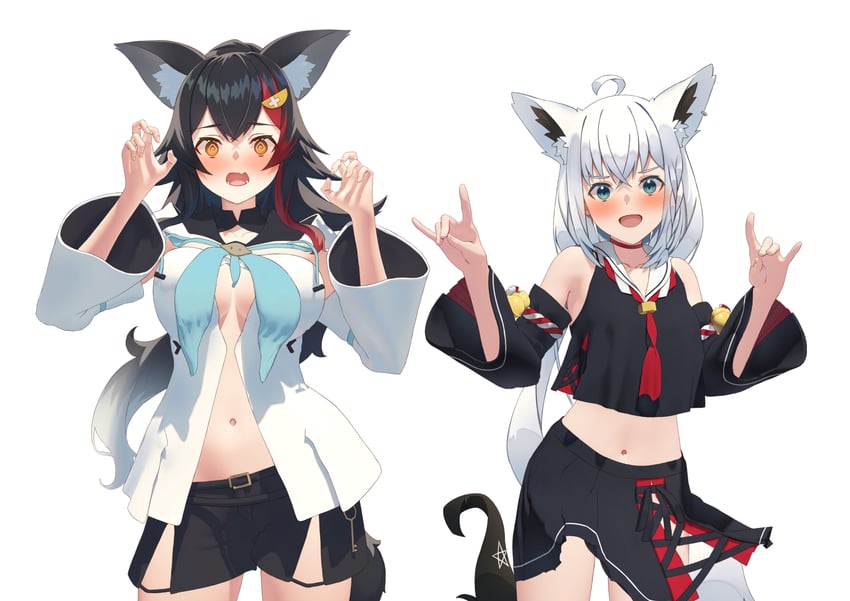 shirakami fubuki and ookami mio (hololive) drawn by shirai_yu