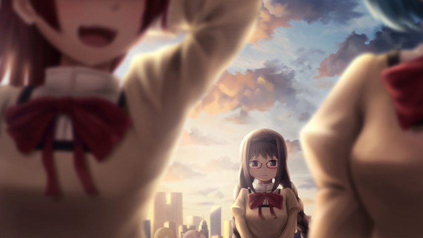 akemi homura, miki sayaka, and sakura kyoko (mahou shoujo madoka magica) drawn by papi_(papiron100)