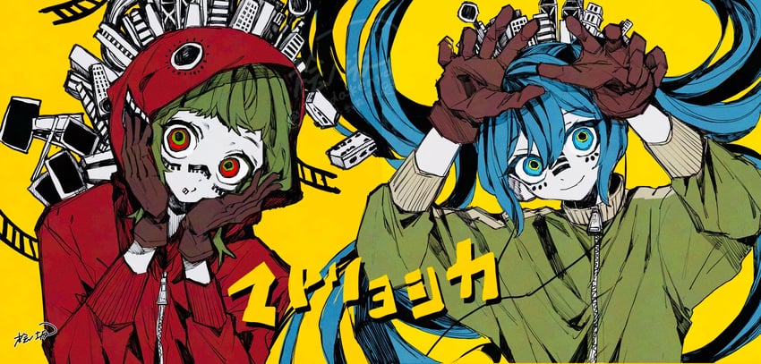 hatsune miku and gumi (vocaloid and 1 more) drawn by hinoki_(yesfish1117)