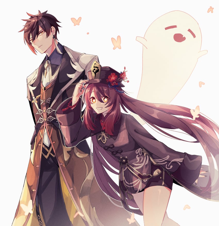 hu tao, zhongli, and boo tao (genshin impact) drawn by vondiri