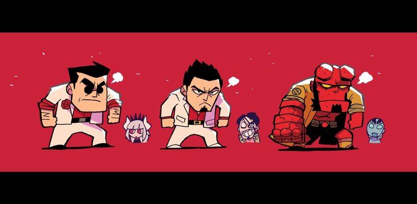 lucifer, helltaker, kiryu kazuma, majima goro, hellboy, and 1 more (helltaker and 2 more) drawn by rariatto_(ganguri)