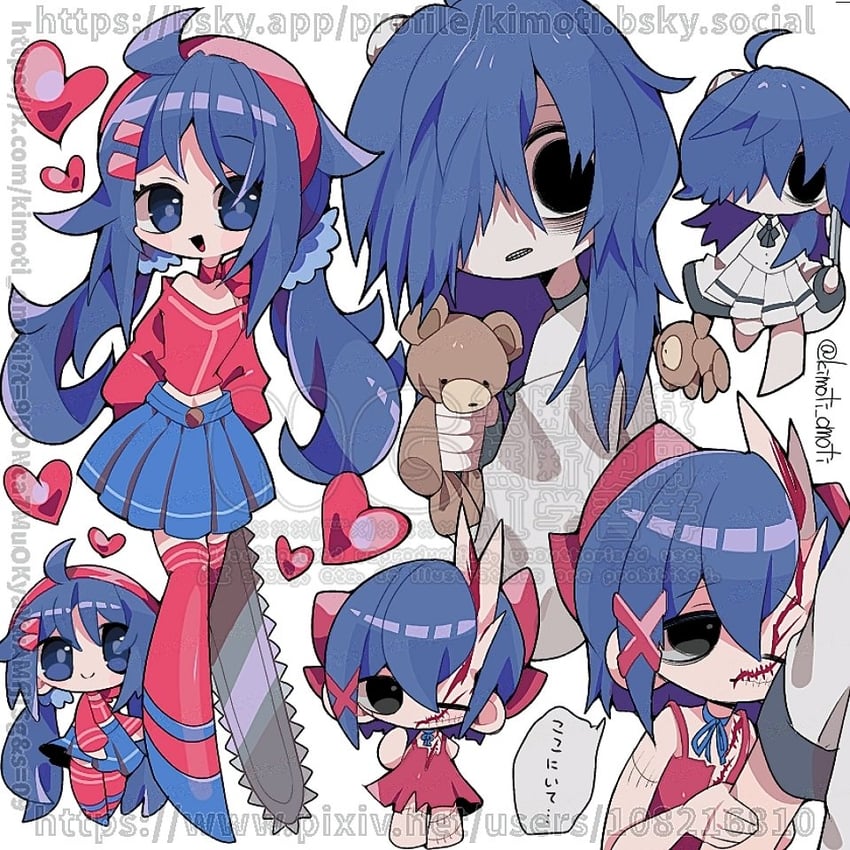 mita, crazy mita, tiny mita, creepy mita, and chibi mita (miside) drawn by kimoti_omoti